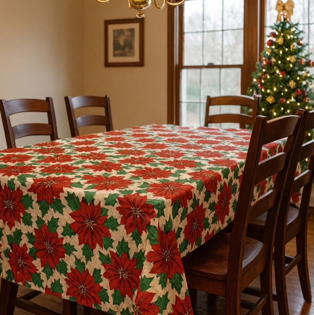 Vintage Holiday Pointsetta Tablecloth 60x80